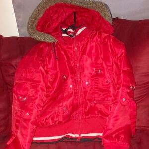 Lee Red Bomber Jacket with Fur Hood
